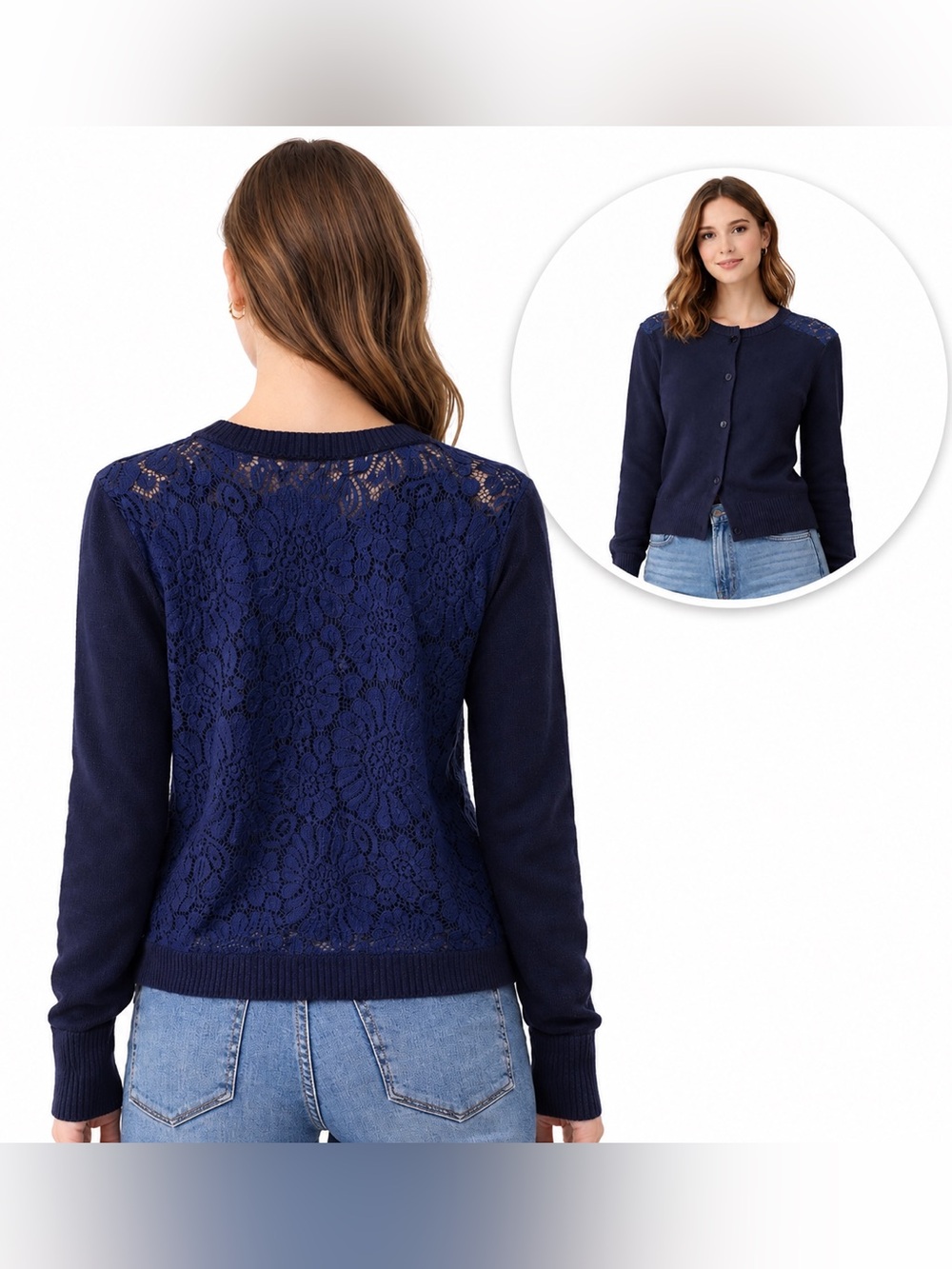 Dorothee Schumacher Lace Back Cardigan Sweater Wool Navy Blue High Low Small?